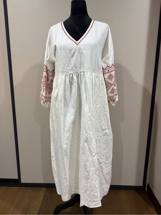 Madewell Dresses & Skirts - Madewell Embroidered-Sleeve Popover Linen Cotton Midi Dress White Rust Red